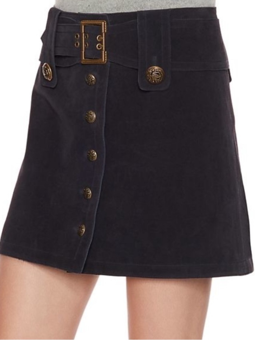 INTERMIX Military High Waist Mini Skirt Gold Button Navy 100% Leather Size P